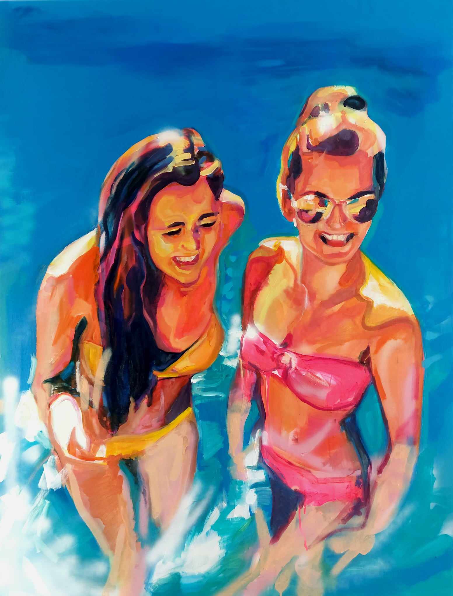 Figurative painting of two swimmers in blue water