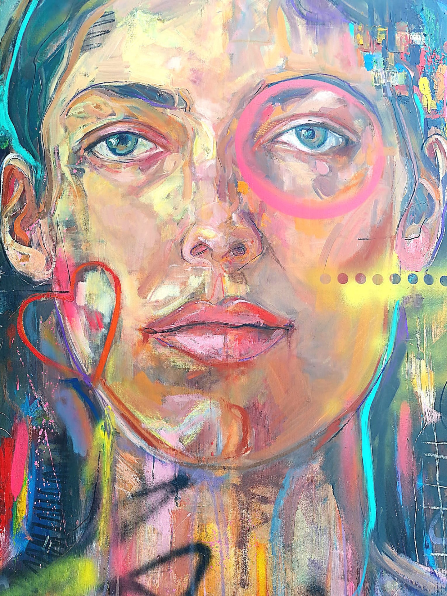 Large-scale mixed media portrait of a woman in vivid colour